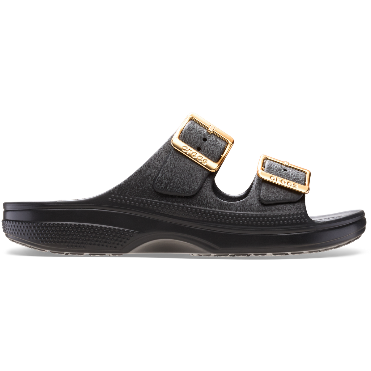 CROCS WOMENS METALLIC BUCKLE SATURDAY SANDAL - BLACK/GOLD