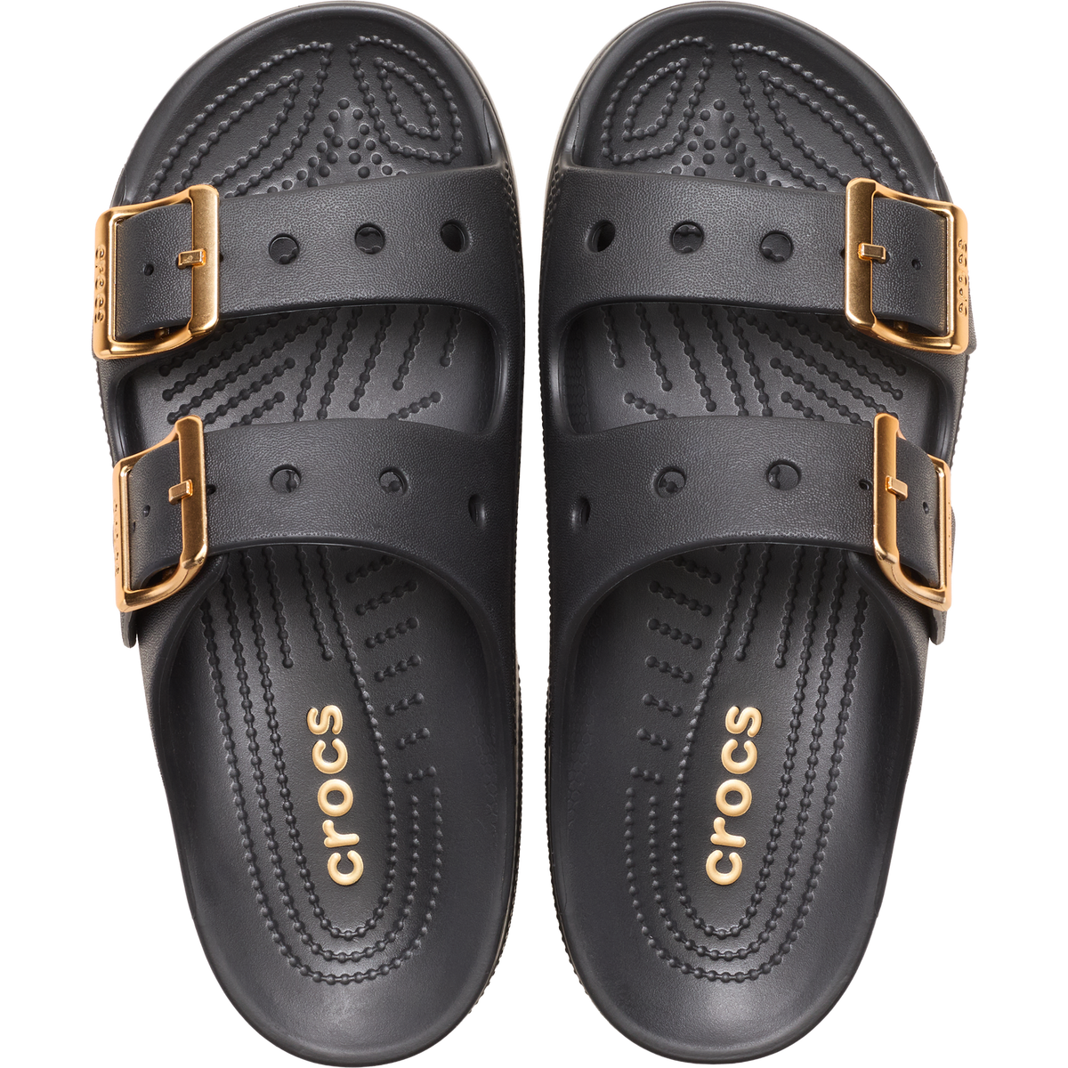 CROCS WOMENS METALLIC BUCKLE SATURDAY SANDAL - BLACK/GOLD