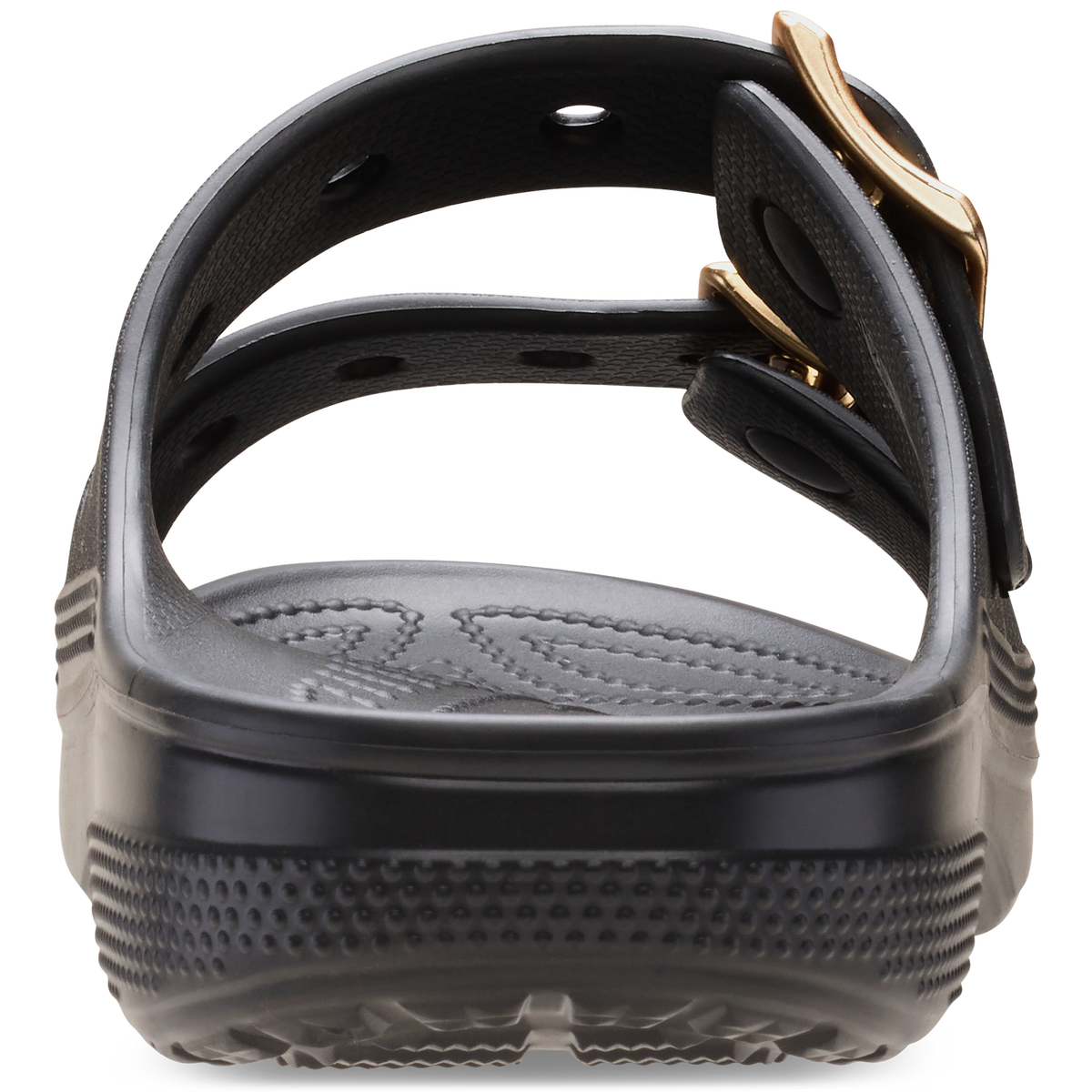 CROCS WOMENS METALLIC BUCKLE SATURDAY SANDAL - BLACK/GOLD