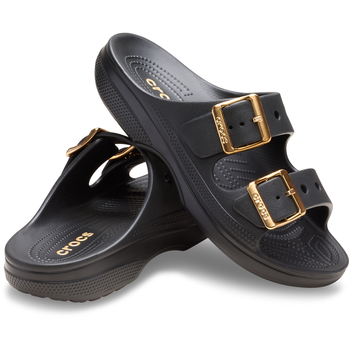 CROCS WOMENS METALLIC BUCKLE SATURDAY SANDAL - BLACK/GOLD