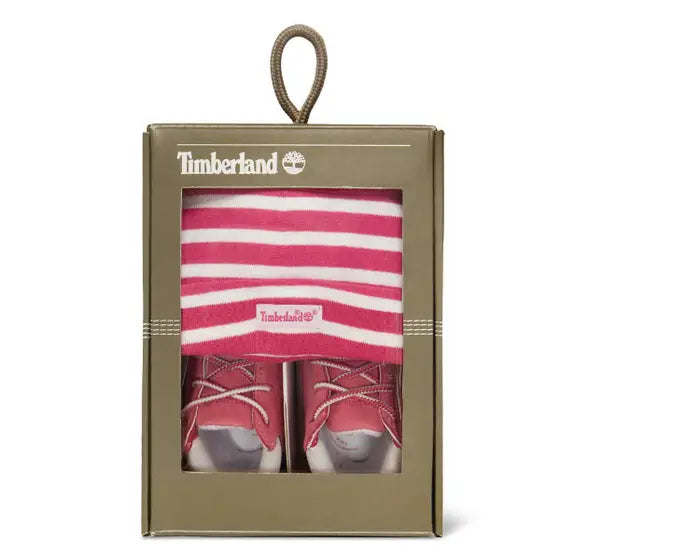 TIMBERLAND INFANT CRIB BOOTIES WITH HAT SET - MEDIUM PINK NUBUCK